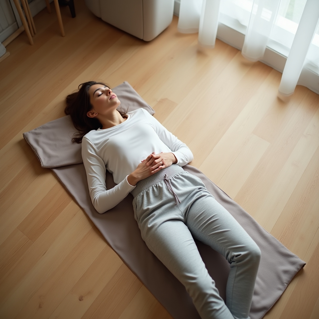 Woman lying on a wooden floor performing a gentle awareness exercise, eyes closed, relaxed expression, soft natural light from side window