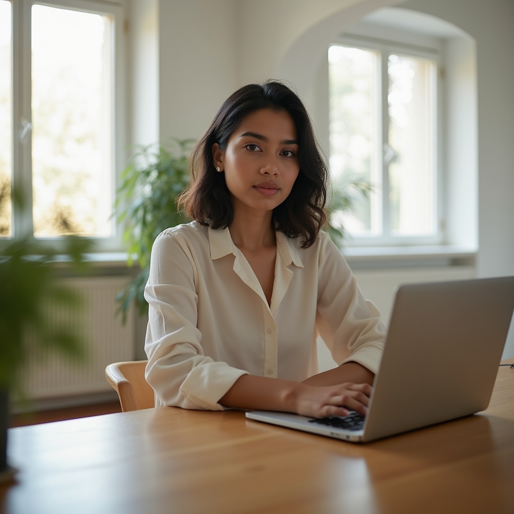 Person sitting at a desk with relaxed upright posture, natural light from window