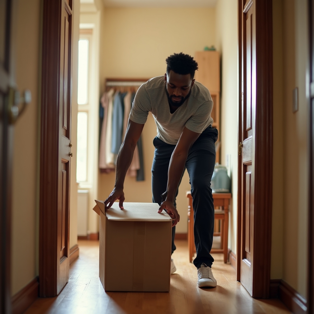 Man in casual clothing bending to lift a cardboard box from the floor, neutral spine alignment visible, warm indoor light