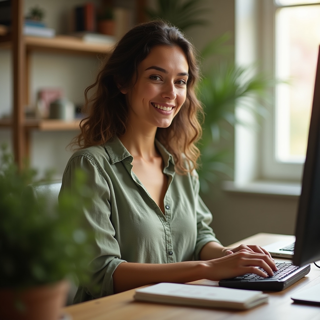 Young woman seated at a wooden desk, relaxed upright spine, hands resting on keyboard, soft natural light