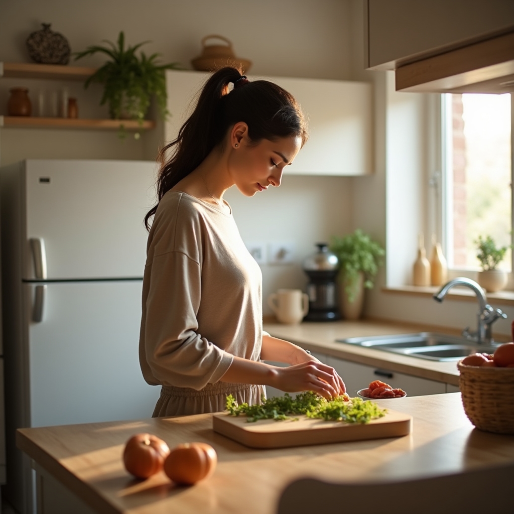Person standing at a kitchen counter preparing food, good neutral spine visible from side angle, warm domestic light, relaxed environment